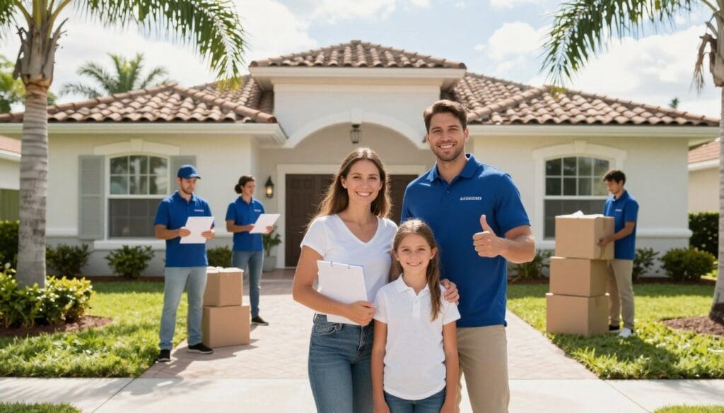 Happy family with professional movers in front of new home