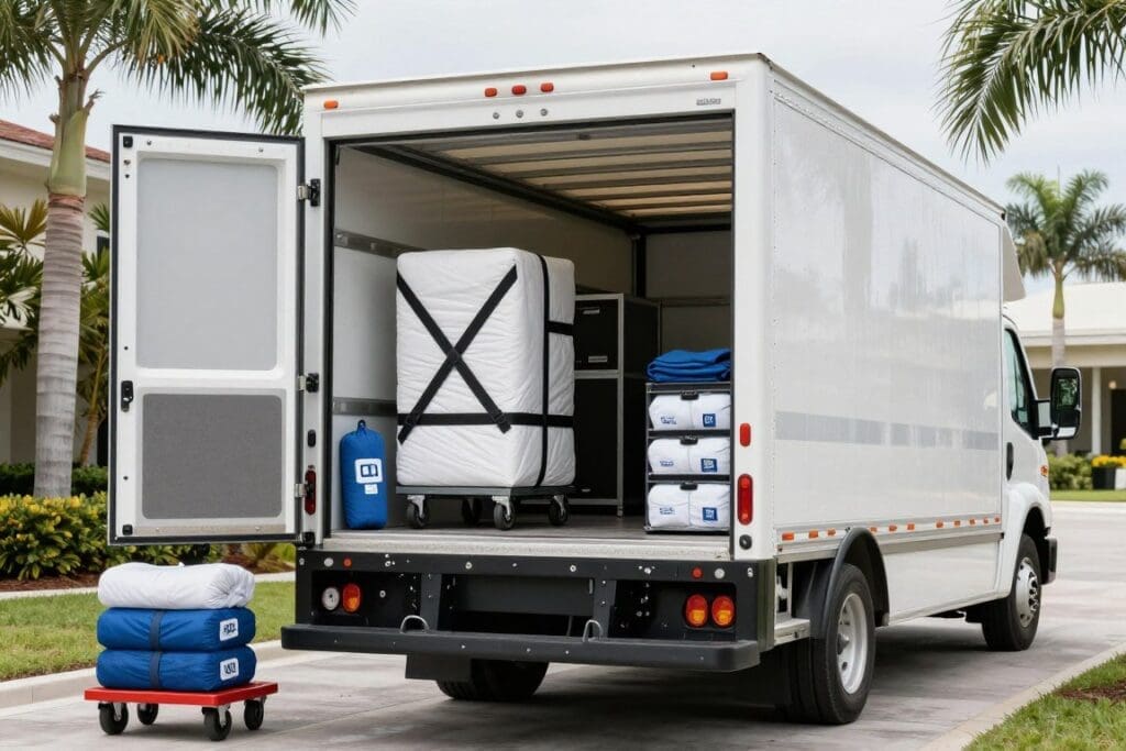 Modern moving truck with professional equipment and supplies