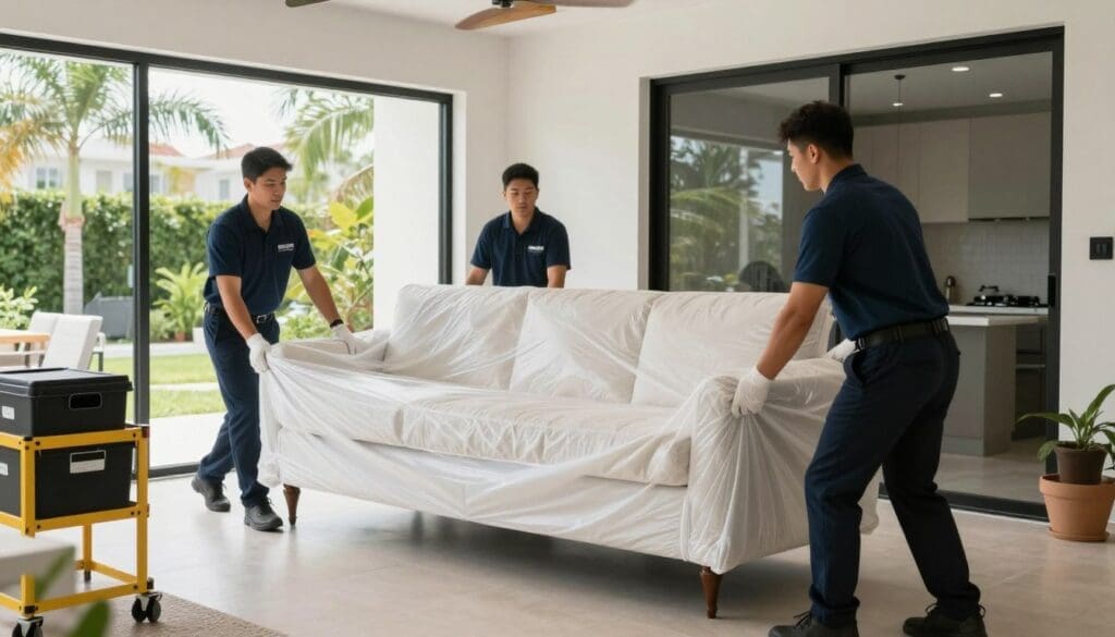 Movers carefully handling household items during residential move