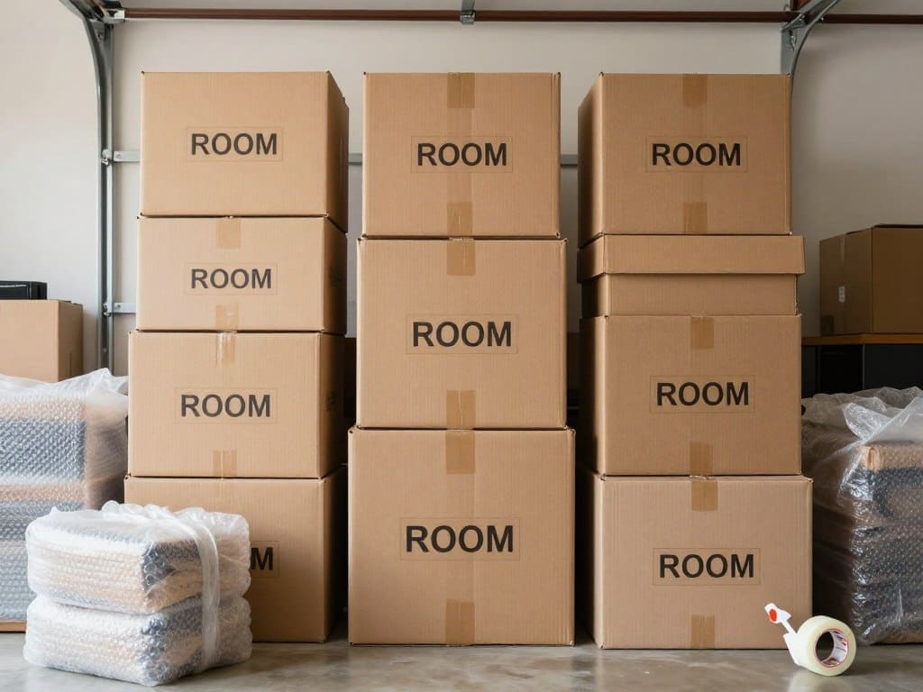 Organized packing supplies and labeled boxes ready for moving