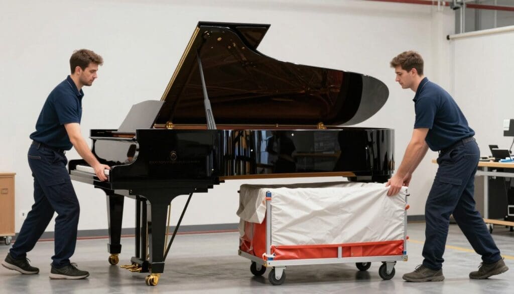 Professional movers handling a grand piano