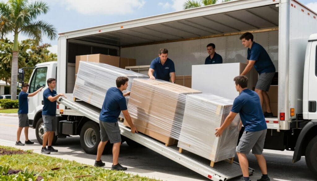 Professional movers loading items into moving truck