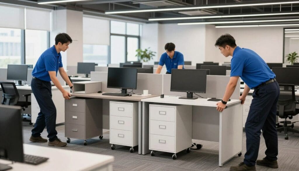 Professional movers relocating office furniture and equipment