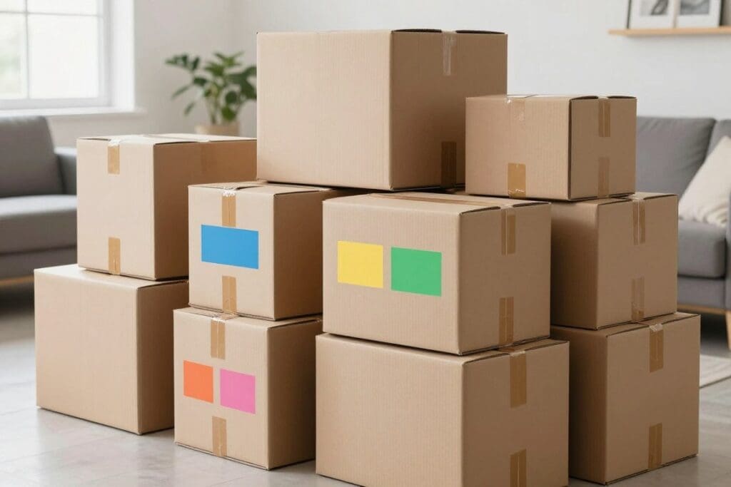 Properly packed moving boxes with labels
