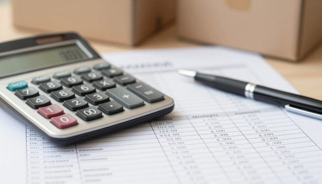 Calculator with moving budget spreadsheet and moving boxes