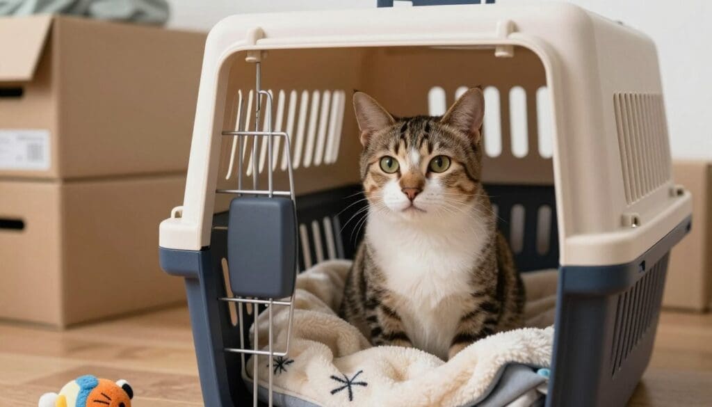Cat in carrier with comfort items during move