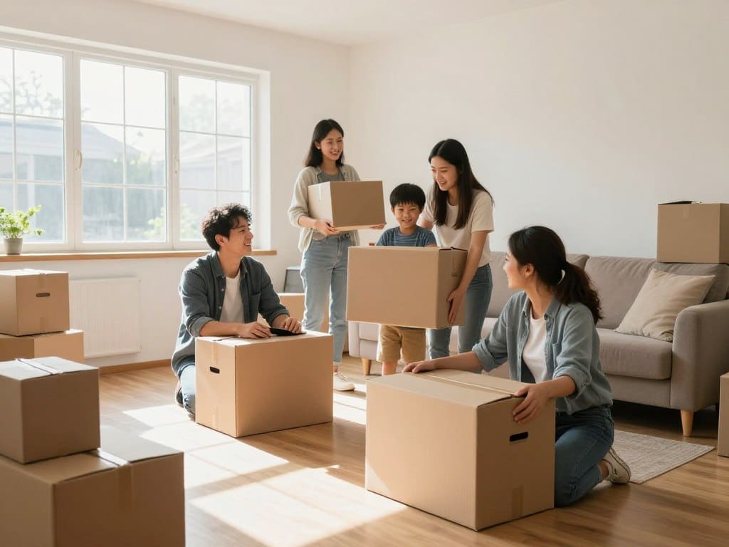 Family unpacking boxes in bright new home living room