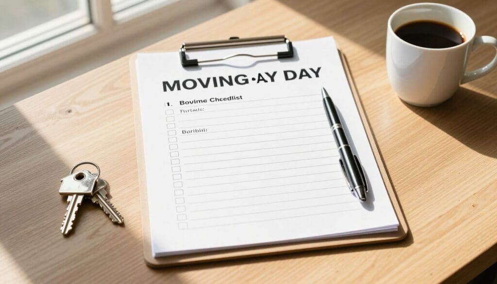 Moving day checklist with clipboard and keys on table