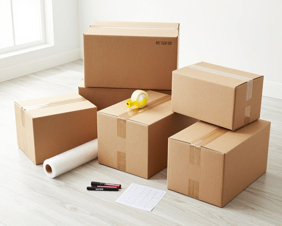 Organized packing supplies including boxes, tape, bubble wrap and labels