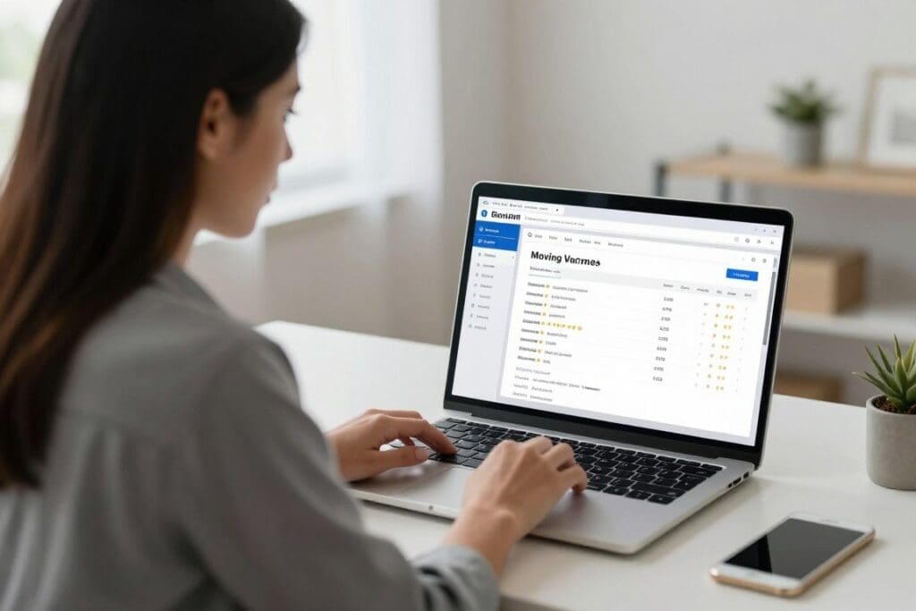 Person checking online reviews and ratings for moving companies on laptop