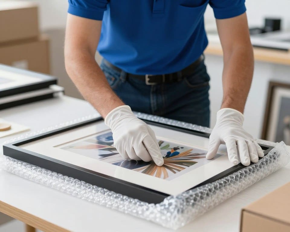 Professional mover carefully wrapping valuable artwork in protective materials