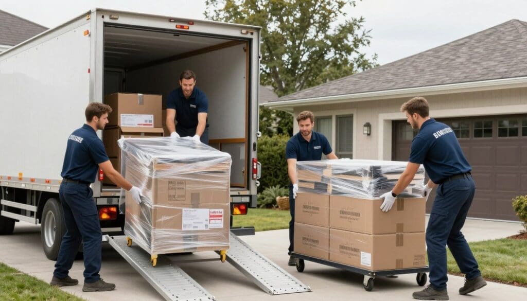 Professional movers loading truck with furniture and boxes