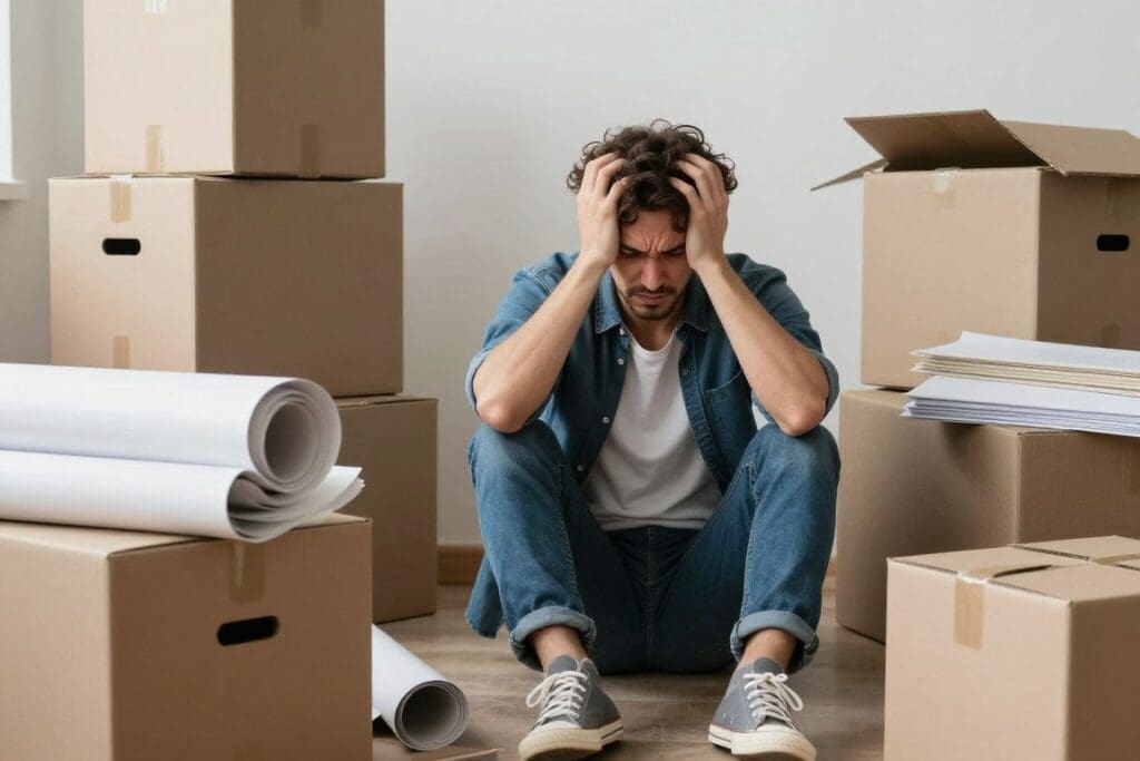 Stressed person surrounded by unpacked moving boxes and disorganized items